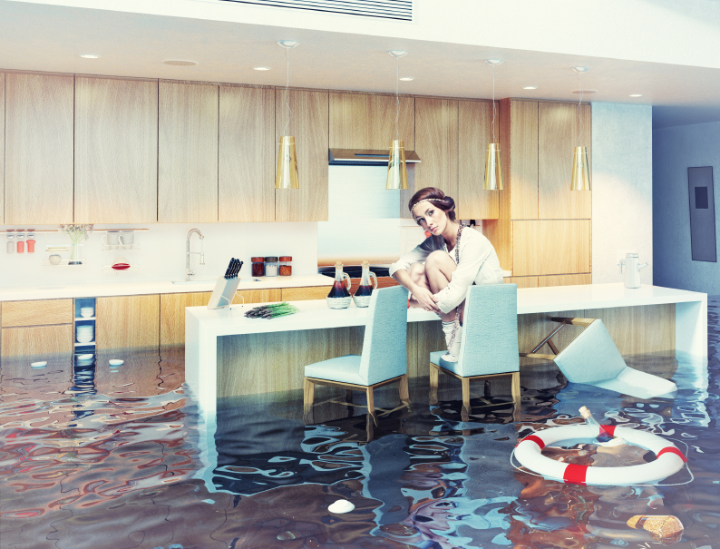 beautiful woman sitting on a chair in flooded kitchen interior. Photo combination concept